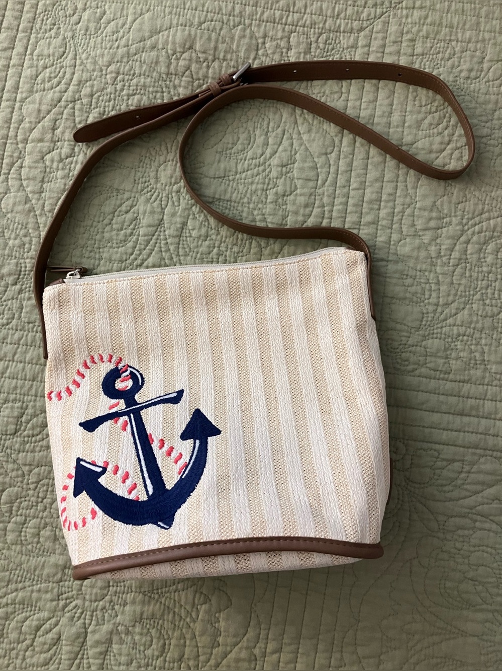 Vera Bradley Canvas Anchor Crossbody Bag - Beige with Navy Accent